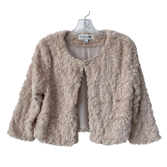Y2K Faux Fur Bolero Jacket Sz L Forever 21 VTG Gold Sequin Cropped Penny Lane - Picture 2 of 8